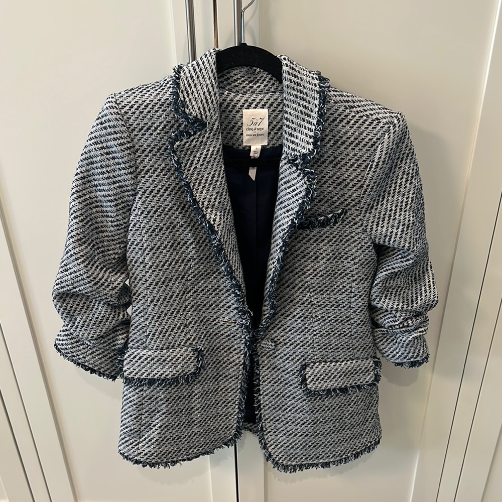 cinq a sept Blue and White Textured Tweed Jacket